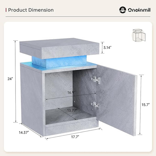 oneinmil LED Nightstands Set of 2, Night Stand with Storage Cabinet for Bedroom, Bedside Table with LED Lights, Modern End Side Table, Grey