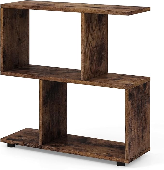 Giantex 3-Tier Geometric Bookshelf, 24" Tall Wood S-Shaped Display Shelves with Thick Foot Pads, Freestanding Open Shelves Nightstand, Floor Standing Display Shelf Bookcase, Brown