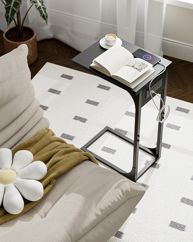 C-Shaped Side Table for Couch - Small Coffee Stand Sofa Tray Desk with Metal Frame Waterproof Scratch Resistant Wood Top and Built-in Charging Station, Black