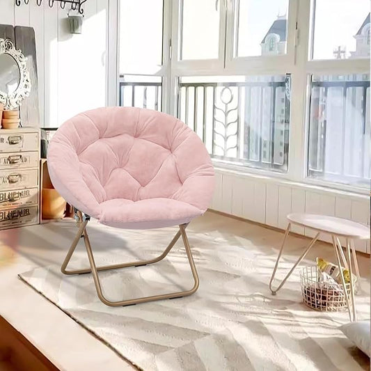 Athena Collection Comfy Saucer Chair Folding Cozy Chair for Bed Room Living Room Accent Chair Faux Fur Reading Chair Foldable Metal Frame Lazy Chair Moon Chair for Adult, Pink