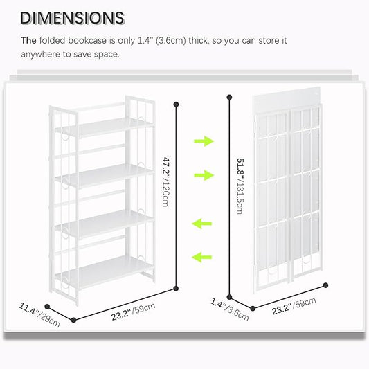 4NM No Assembly 4 Tiers Folding Bookshelf, 47.2" H Foldable Storage Shelves Vintage Bookcase Standing Racks Study Organizer Home Office - All White