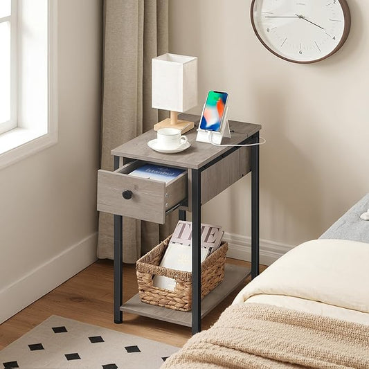 HOOBRO End Table with Charging Station, Narrow Side Table, Small Nightstand, Bedside Tables with Drawer and Storage Shelves, for Small Spaces, Living Room, Bedroom, Greige and Black BG041BZ01G1
