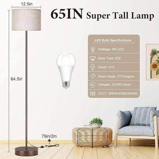 65‘’ Simple Design Floor Lamp with 3CCT 9W LED Bulb, Modern Industrial Standing Lamp for Living Room with Foot Switch, Tall Lamp with Drum Shade, Stand Up Floor Light for Study Bedroom Office, Brown