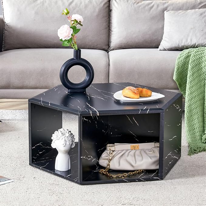 Modern Faux Marble Coffee Table with Storage, Geometric Living Room Table, Black Hexagon Tabletop with Compartments for Books, Decor & Drinks