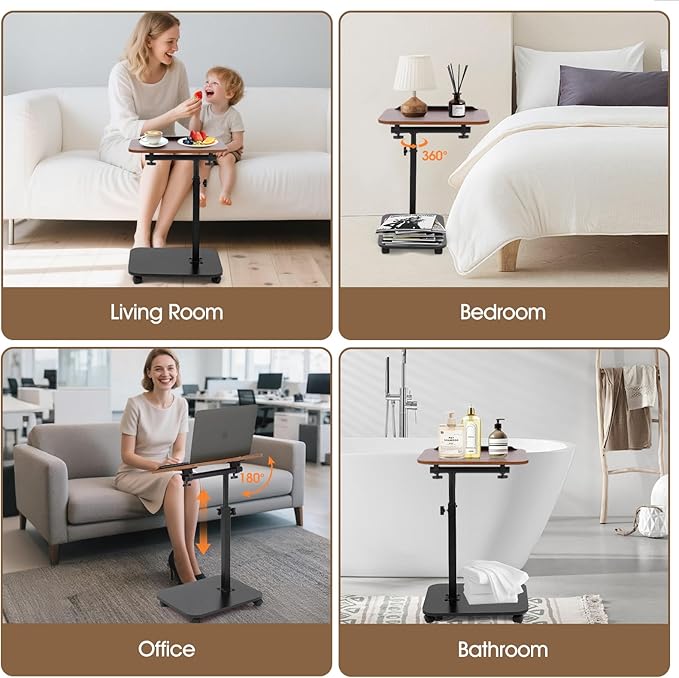 Swivel TV Tray Side Table Adjustable Height Couch Tables for Small Space Folding C Shaped End Table with 360°Rotating 180°Flip Top Sofa Laptop Pedestal Tables for Living Room Bedroom Bedside