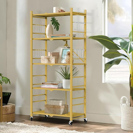 Storage Shelves with 20 Hooks, 5-Tier Foldable Shelves for Storage, Folding Shelf Unit Pantry Shelves with Wheels, Standing Shelving Unit for Kitchen Garage Home Office Room Greenhouse, Gold