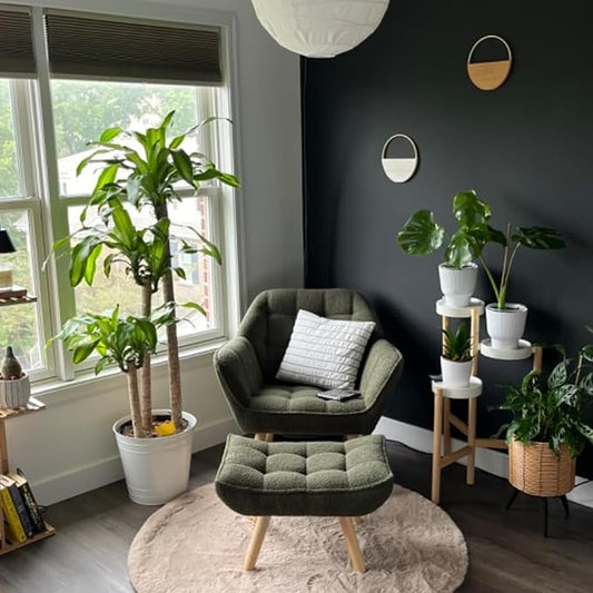 Green Sherpa Accent Chair with Ottoman ,Modern Reading Chair with Ottoman Set, Comfy Fuzzy Armchair Living Room Chair Lounge Chair with Wood Legs for Small Spaces Bedroom Apartment