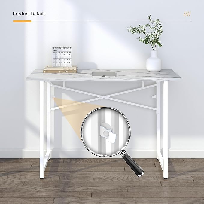 47 inch Folding Desk No Assembly Required, Writing Gaming Computer Camping Table, Home Office Desk, White Marble