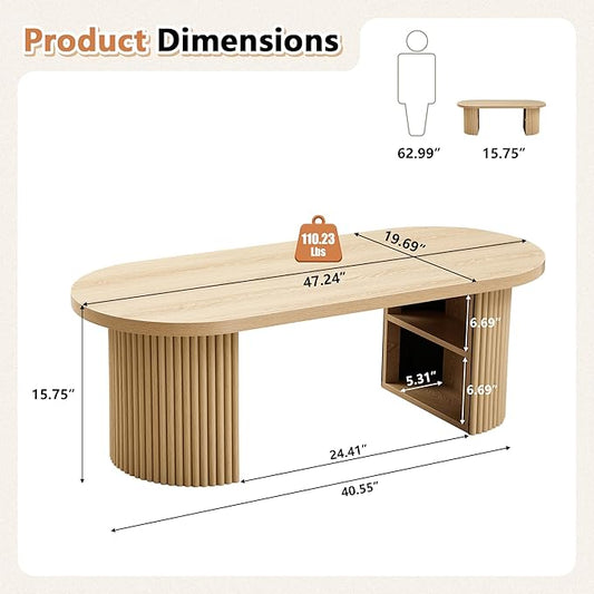 AVZEAR Fluted Oval Coffee Table with Storage for Living Room, Boho Modern Coffee Table, Curved Round Wood Center Table for Home, Small Spaces, Office, Natural(47.24" x 19.69" x 15.74")