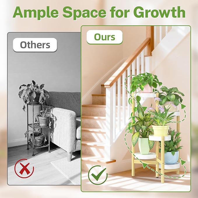 iDavosic.ly 5 Tier Bamboo Plant Stand Indoor Outdoor with Plastic Tray, Tiered Corner Flower Holder Shelf, Space Saving Orchid Display Rack for Patio Porch Living Room Garden Balcony, Natural White