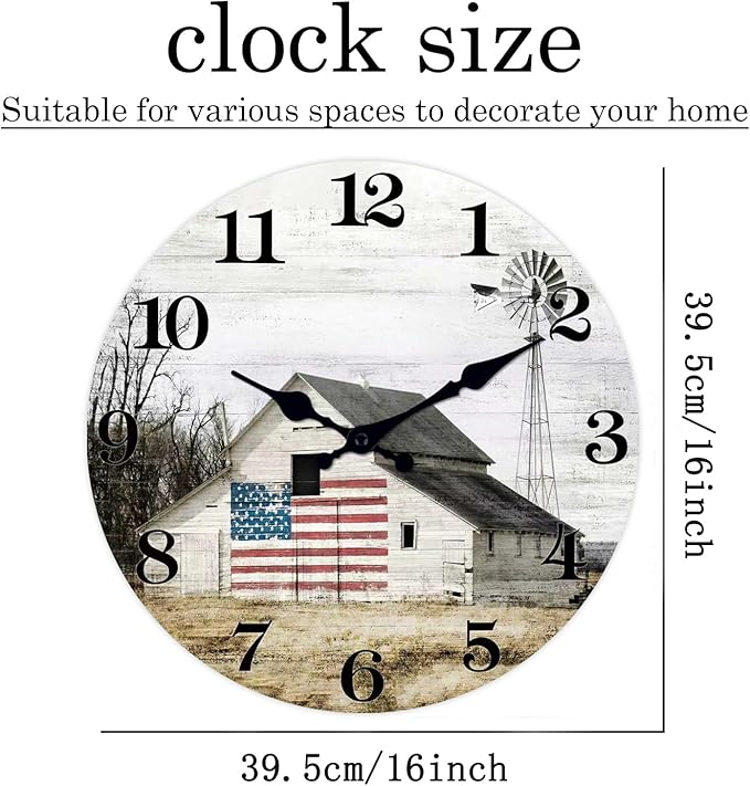 XFM Farmhouse Wall Clock 16 Inch Rustic Barn Wooden Clocks Silent Non-Ticking Battery Operated Country Landscape Small Round Clock for Living Room Kitchen Bedroom Office