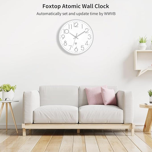 Foxtop Atomic Wall Clock Battery Operated Round Analog Modern Wall Clock Sets Automatically for Office Classroom Bedroom Kitchen Living Room (Silver)