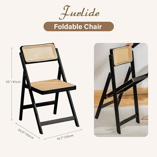 Rattan Folding Chairs, Modern Mid Century Dining Chairs Set of 2, Outdoor Bamboo Chairs for Bedroom Living Room Reading Room Dining Kitchen, Black