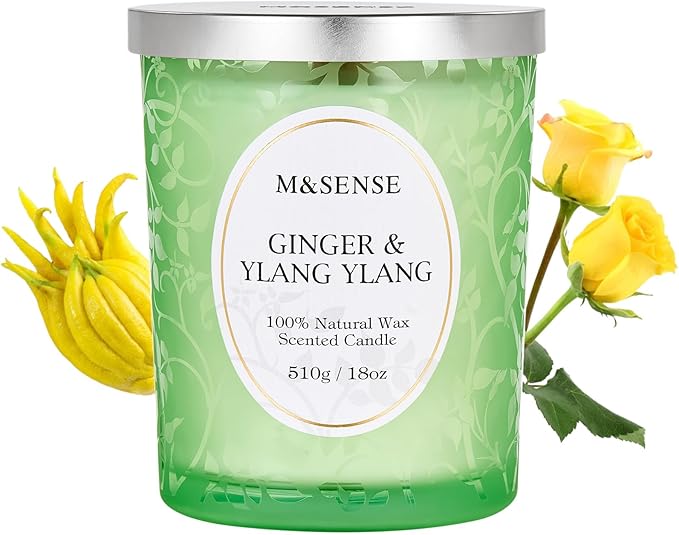 M&SENSE Ginger Ylang Ylang Scented Candle, Cracking Wooden Wick Soy Wax, 18oz 100 Hours Long Lasting Clean Burn, Large Jar Candles for Home Decor, Non-Toxic Relaxing Aromatherapy Gifts for Women