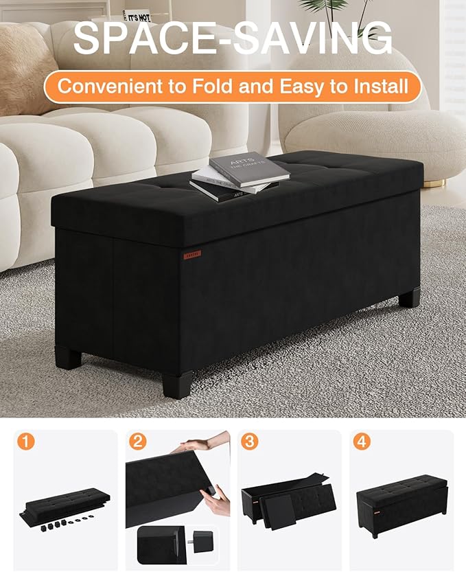 Foldable Storage Ottoman Bench, Velvet Footrest and Seat Cube with Feet, Storage Chest, for Living Room, Bedroom and Office, 15 x 43 x 15.7 Inches, Ink Black, UASND24B