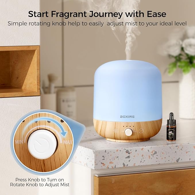 BOXING 300ML Essential Oil Diffuser, Diffusers for Home&Large Room, Aromatherapy Diffuser with 7 Colors Night Light Perfect for Bedroom Baby, Stepless Knob Control,Timer,Quiet,Auto Shut Off,White&Wood
