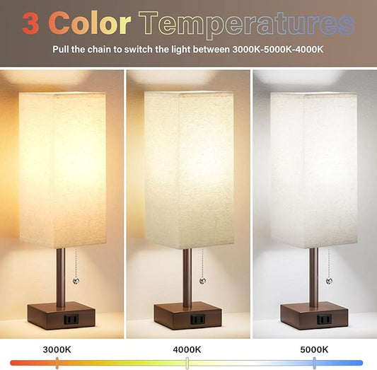 Bedside Lamps for Bedroom Set of 2 - Small Rectangular Nightstand Lamp with USB A C Charging Port, 3 Color Temperatures Desk Light with Bulb, Brown Tabletop Reading Lamp for Living Room/Dorm/Office