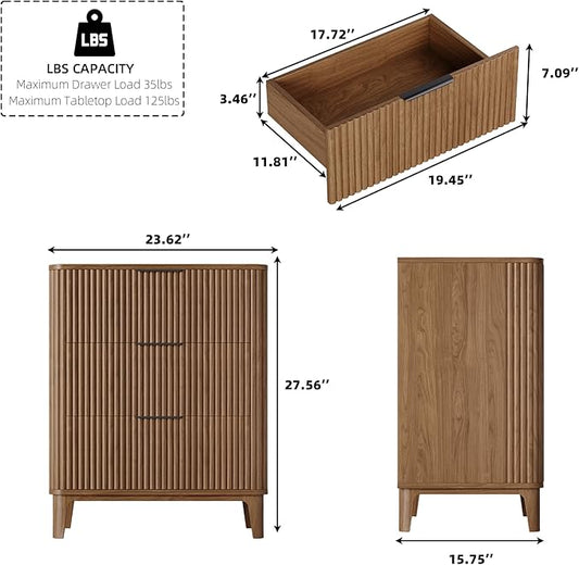 3 Drawer Fluted Dresser for Bedroom, Modern Closet Dressers Chest of Drawers, 23.6" Rustic Wood Nightstand 3-Drawer Dresser Bedside Table, Curved End Table with 3 Large Drawers for Living Room Walnut