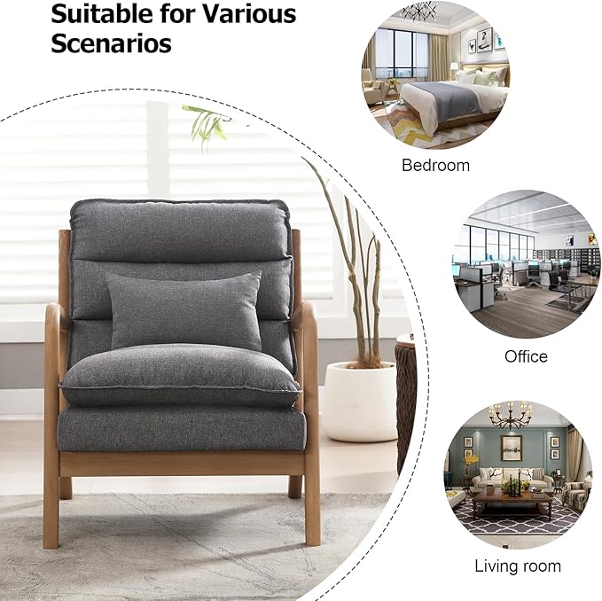 INZOY Accent Chairs Set of 2, Mid Century Modern Accent Chair with Wood Frame, Upholstered Reading Armchair with Waist Cushion, Side Chair for Living Room Bedroom Office, Easy Assembly, Grey