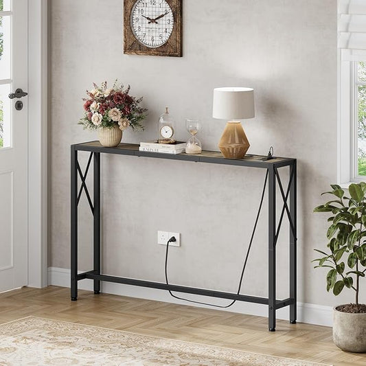 41.7" Console Table, Narrow Behind The Couch Table with Outlet, Industrial Skinny Sofa Table for Hallway, Entryway, Living Room,Walnut