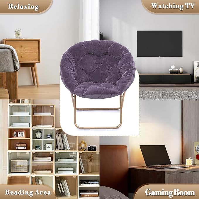 Athena Collection Comfy Saucer Chair Folding Cozy Chair for Bed Room Living Room Accent Chair Faux Fur Reading Chair Foldable Metal Frame Lazy Chair Moon Chair for Adult Set of 2, Purple