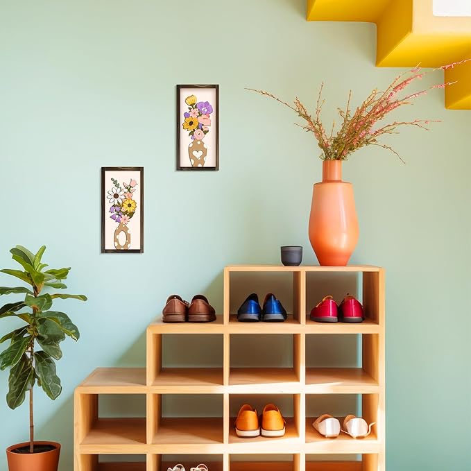 Kas Home 3D Floral Wall Art, 2 Set Rustic Wood Boho Flower with Vase Framed Wall Decor for Bathroom Living Room Bedroom Office Housewarming Gift, Ready To Hang Plaque Sculptures (White-P, 6L" x 12W", Framed)