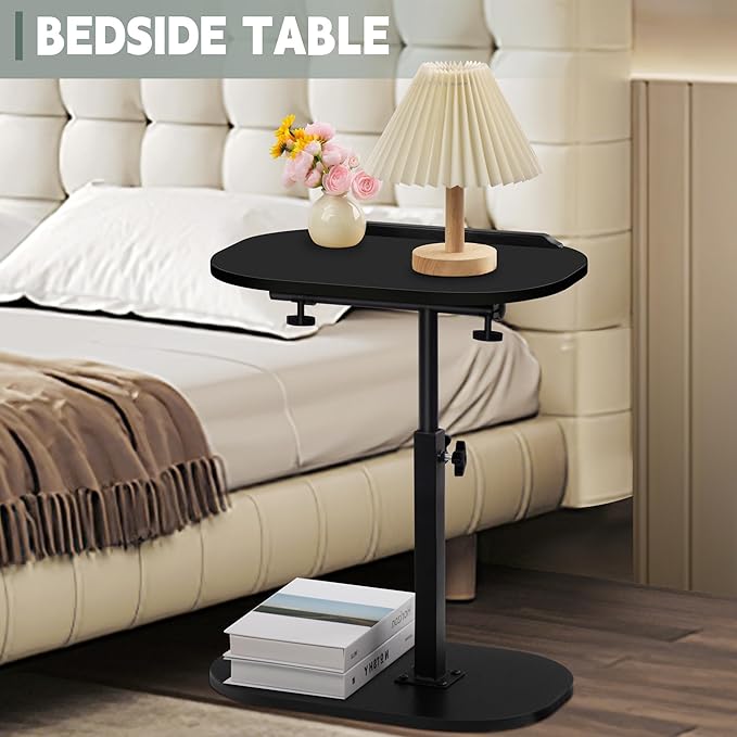 Aoligrace Black Sofa Side Table, Adjustable Height C Table with 360° Swivel Flip Top, Small End Table for Living Room Apartments Dorms