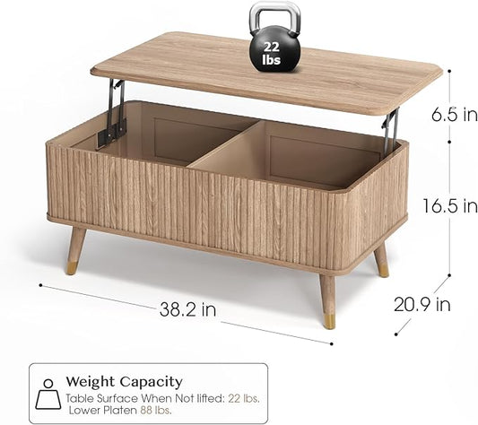 Lift Top Coffee Table with Storage Shelf & Hidden Compartment, Mid Century Modern Fluted Rectangle Dining Table for Living Room, Home Office, Natural Oak