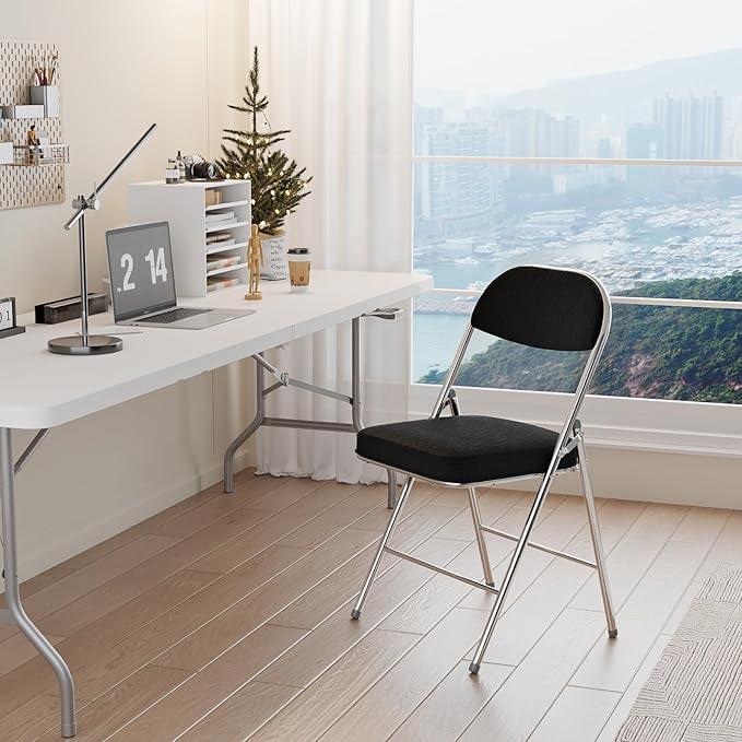 VINGLI Folding Chairs with Padded Seat & Backrest, Metal Frame, Durable Corduroy Fabric, 350 lbs Capacity, Set of 1, Black – Ideal for Weddings, Parties, Office Events