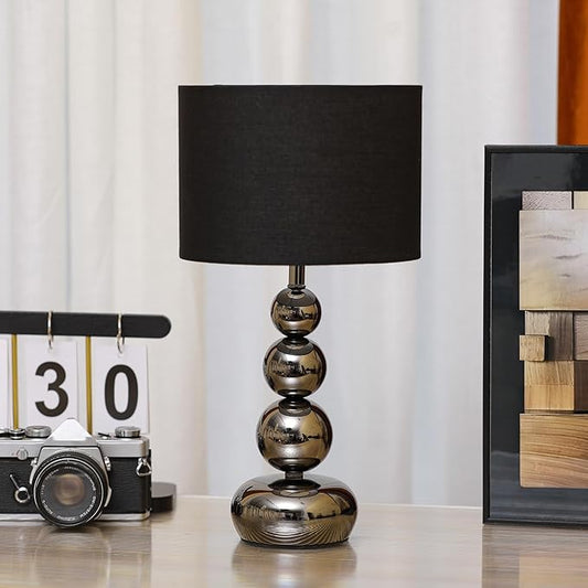 Small Modern Bedside Table Lamp, 7 x 7 x 13 Inch Farmhouse Table Lamps, Black Metal Ball Table Lamp for Living Room Bedrooms and Office (Black Fabric Lampshade)