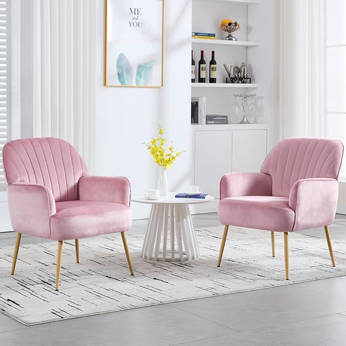 Velvet Accent Chair, Modern Upholstered Single Sofa Side Living Room Chair, Comfy Barrel Reading Armchair with Metal Legs for Bedroom, Waiting Room, Office and Cafe, Pink