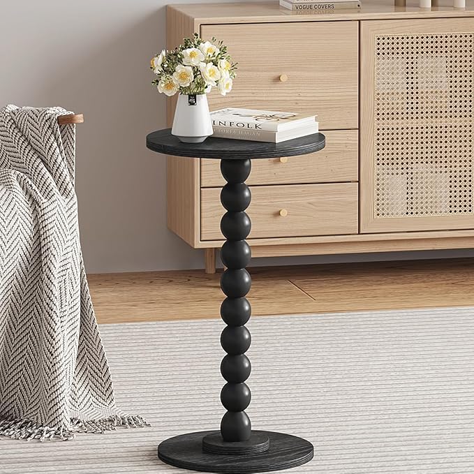 Round Side Table, Small Drink Table for Small Spaces, Pedestal End Table for Living Room, Modern Accent Nightstand with Solid Wood Leg for Bedroom, Corners and Office Black Color UTBT005B