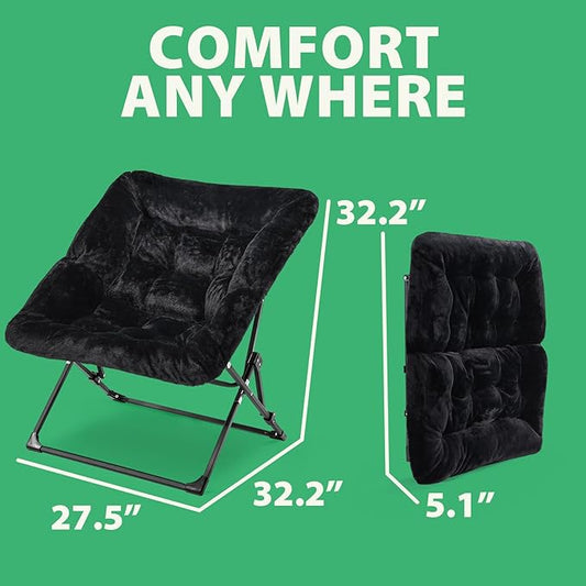 OAKHAM Comfy Chair for Adults, Soft Faux Fur Folding Lounge for Bedroom Living Room Dorm Rooms Flexible Reading Chair for Teens Kids, X-Large Foldable (Faux Fur-Black)