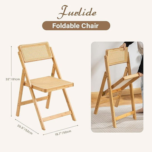 Rattan Folding Chair, Modern Mid Century Dining Chair Set of 1, Outdoor Bamboo Chairs for Bedroom Living Room Reading Room Dining Kitchen, Wood