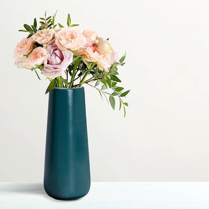 D'vine Dev 11 Inch Ceramic Flower Vase Matte Finishing, Minimalist Design for Home Décor, Bedroom, Living Room, Centerpieces, Office, Emerald Green, VS-XH-F-2