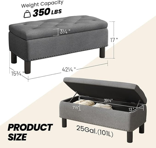 Furniliving Ottoman Bench with Storage, Folding Storage Ottoman Bench with Wood Legs, Upholstered Bedroom Bench with Button-Tufted, Entryway Bench Storage Bench for Bedroom, Linen (Darkgrey)