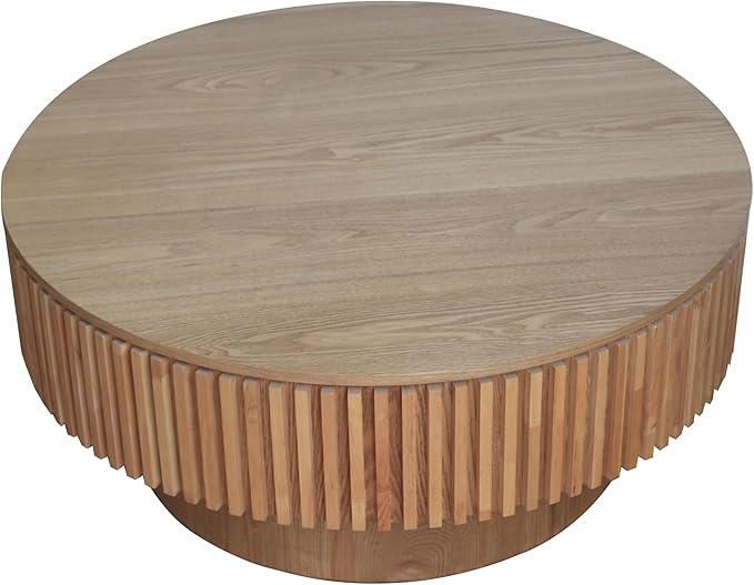 31.5 Inch Round Drum Coffee Table with Storage, Handcraft Fluted Drum Coffee Table, Modern Wooden Round Coffee Table Center Table with Sturdy Pedestal for Living Room Apartment (Natural)