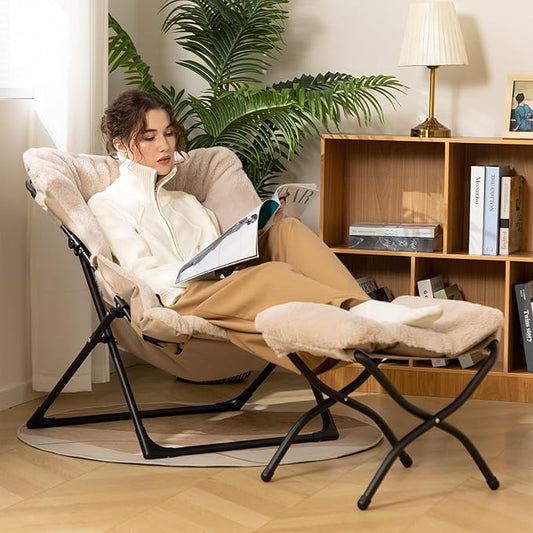 HollyHOME X-Large Saucer Chair with Foldable Ottoman, Comfy Oversized Folding Chair and Folding Footrest Stool Set, Faux-Fur Reading Chair and Footstool for Living Room, Light Khaki Chair&Stool