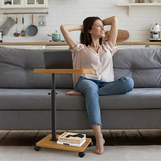 C Shaped End Table Adjustable Height, Couch Tables That Slide Under with Wheels, 360° Swivel C Side Table for Couch, Sofa, Living Room, Bedroom, Small Spaces (Wooden Veneer)