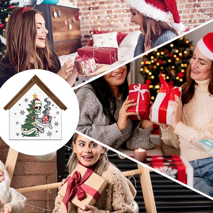 Funny Christmas Skeleton Coffee Bar Decor Sorta Merry Sorta Scary Skull House Shaped Wood Block Sign Xmas Holiday Kitchen Coffee Hot Cocoa Bar Decorations for Desk Table Shelf