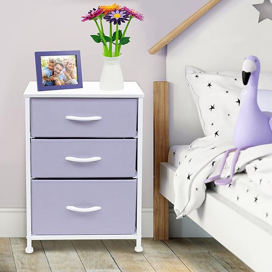 Sorbus Nightstand with 3 Drawers - Furniture Storage Chest Tower Unit for Bedroom, Hallway, Closet, Office Organization - Steel Frame, Wood Top, Pastel Fabric Bin (Purple)