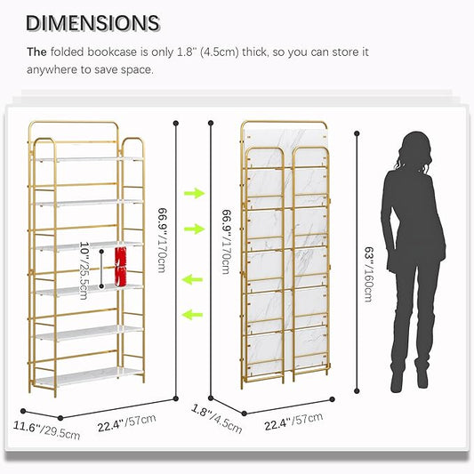 4NM No Assembly Folding Bookshelf, 6 Tiers Collapsible Book Shelves Open Industrial Foldable Storage Bookcase Shelf for Bedroom, Living Room, Home Office - White and Gold