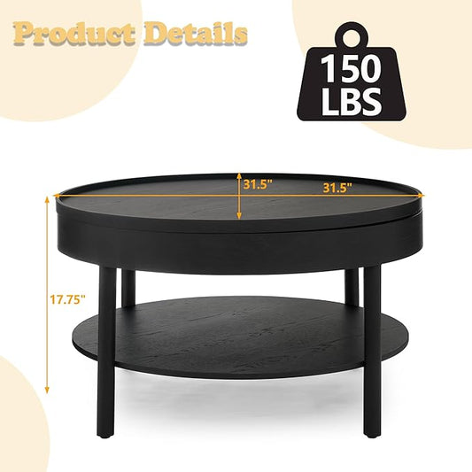 Circular Coffee Table, Living Room Table with 3-Layer 31.5 Inch Storage Rotating Tabletop, 3-Layer Tea Table Made Entirely of Rubber Wood and MDF Board (Black, 31.5"x31.5"x17.75)