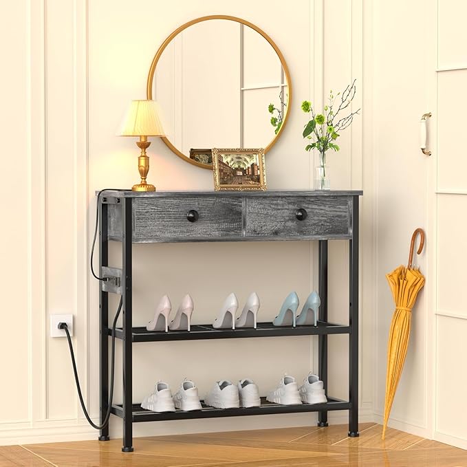 GRLEAF 32" Console Table with Outlets & USB Ports – Narrow Entryway Table with 2 Drawers and Storage Shelves, Power Strip Sofa Table for Living Room, Hallway, Kitchen, Foyer – Grey Wood Finish