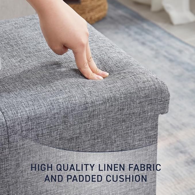 Ornavo Home Foldable Tufted Linen Large Storage Ottoman Bench Foot Rest Stool/Seat - 15" x 30" x 15" (Grey)