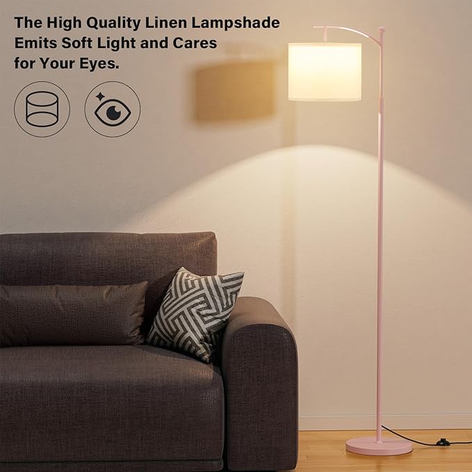 60" Floor Lamps for Living Room with 3 Color Temperatures, Adjustable White Shade with Pink Pole, Tall Lamps for Living Room Bedroom Office Classroom Dorm Room, 9W Bulb Included