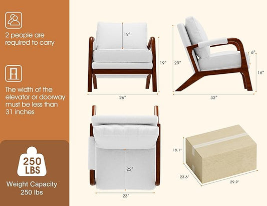 Mid Century Modern Chair, Upholstered Lounge Arm Chair with Solid Wood Frame, Comfy Accent Chair for Living Room, Bedroom, Reading, Reception, Sherpa Fleece, White