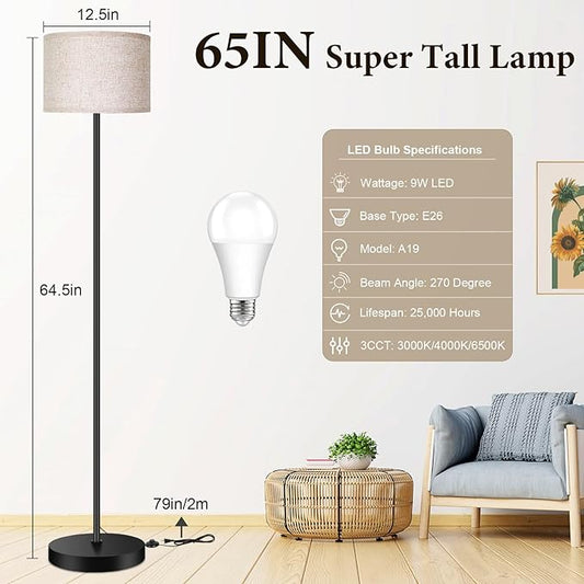 TOBUSA 65’’ Floor Lamp for Living Room Bedroom with 3CCT LED Bulb, Modern Standing Lamp Drum Shade, Standing Lamp with Foot Switch Black Pole, Dimmable Simple Design Stand Up Lamp for Office Reading
