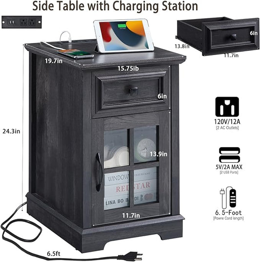 Farmhouse XXL End Table with Charging Station, Side Table with USB Ports and Outlets, Nightstand with Drawer and Glass Door Storage, Grey Bedside Tables for Living Room, Bedroom, Office