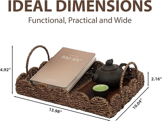 14" Handmade Wicker Tray with Scalloped Edge, Seagrass Basket with Handles, Decorative Boho Accent for Coffee Table or Ottoman, Holiday Serving